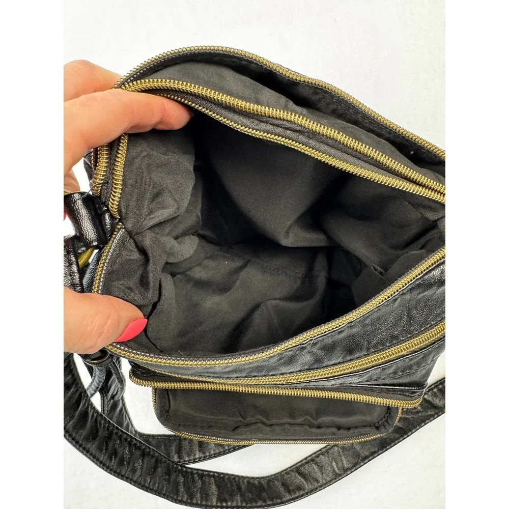 Stone & Co Black Faux Leather Crossbody Bag Multi Zip Adjustable Strap Pocket